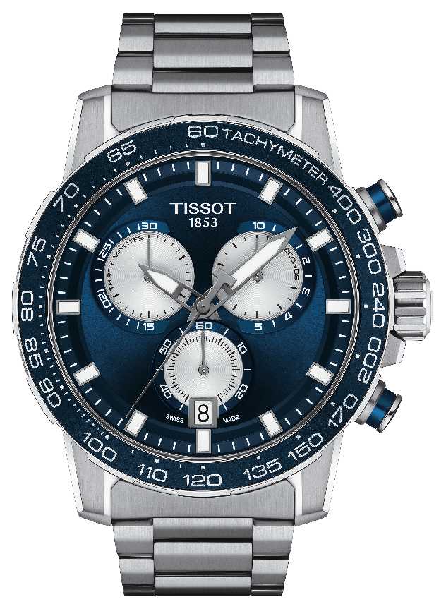 TISSOT Supersport Chrono watch features a blue dial, stainless steel case and bracelet, three sub-dials, tachymeter scale, and a date window at 6 o'clock, measuring 45.5mm.