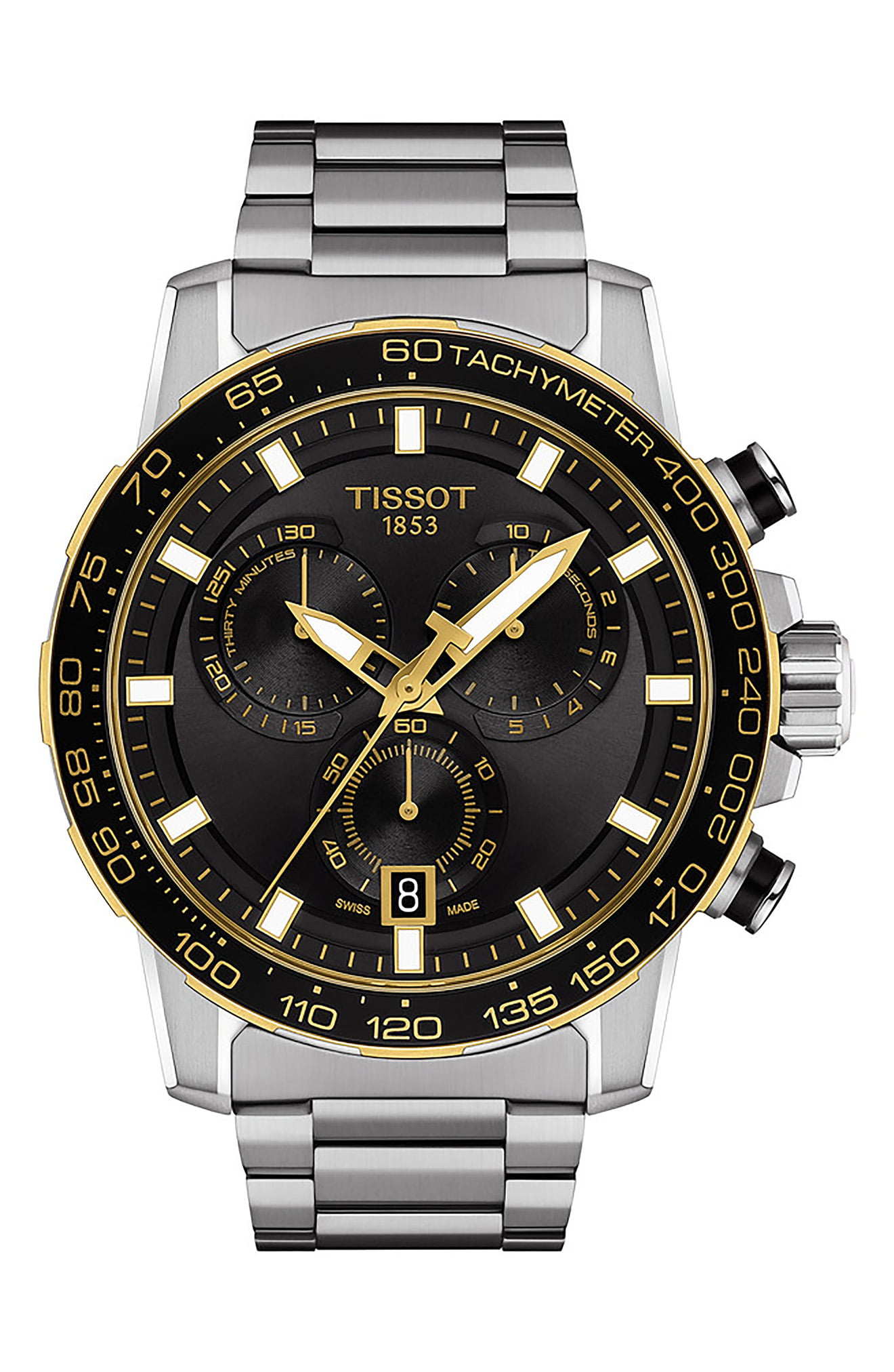 Tissot Supersport Chrono watch features a 45.5mm stainless steel case, black dial with gold-tone accents, three sub-dials, tachymeter scale, and a stainless steel bracelet.