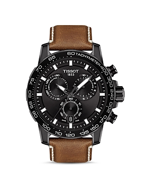 Tissot T-Sport Supersport Chronograph watch featuring a 45.5mm black dial, three sub-dials, tachymeter, and a brown leather strap.