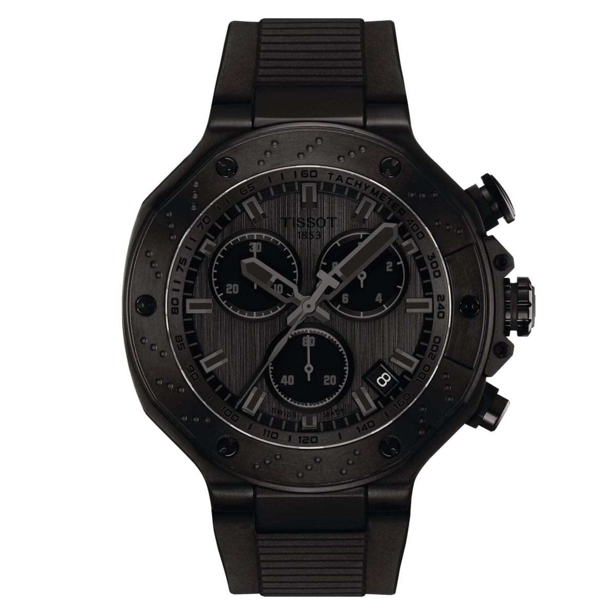 Tissot T-Race Quartz Chronograph watch featuring a 45mm dark grey dial, black silicone strap, and sporty design with multiple sub-dials and tachymetric scale.