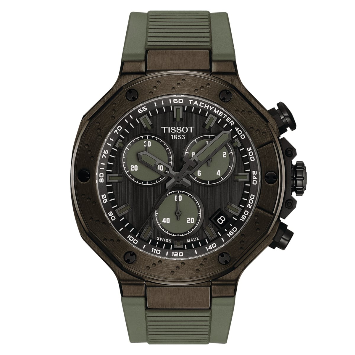 Tissot T-Race Quartz Chronograph features a 45mm black stainless steel case, green silicone strap, black textured dial with three sub-dials, and tachymeter scale.