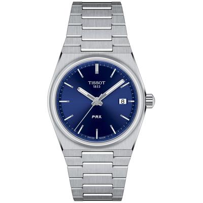 Tissot PRX watch features a 35mm stainless steel case, a blue dial with silver hour markers, and a date display, complemented by a sleek stainless steel bracelet.