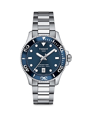 TISSOT Sea Star 1000 unisex watch features a 36MM stainless steel case, blue dial with luminous markers, a unidirectional bezel, and a date window at 6 o'clock.