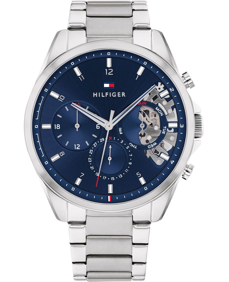 Silver stainless steel multi-function watch with a blue dial, featuring three sub-dials, silver hour markers, and a transparent case back showcasing the movement.