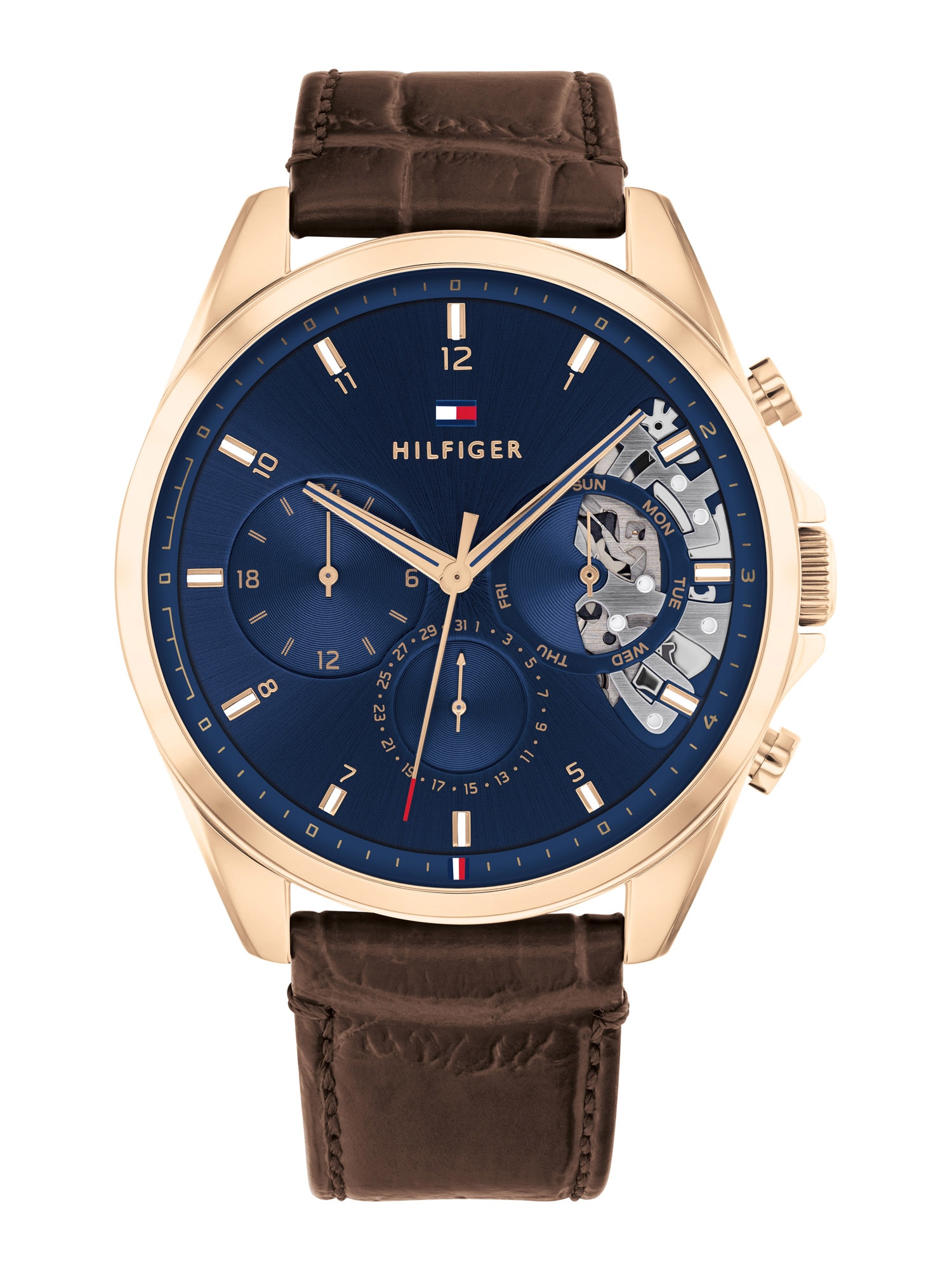 Men's Tommy Hilfiger Baker watch featuring a 44mm navy dial, gold-tone case, brown leather strap, and multifunctional subdials for date and day display.