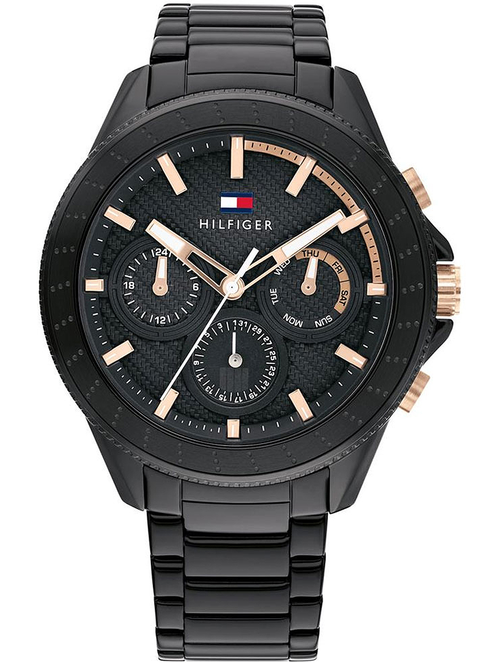 Men's Tommy Hilfiger Aiden watch features a 44mm black dial with gold-tone accents, multifunction subdials, and a sleek black steel bracelet.