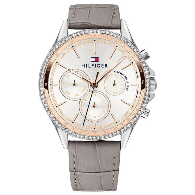 Silver multifunction watch with a 39mm dial, grey leather strap, and rose gold accents, featuring three sub-dials and a crystal-encrusted bezel.