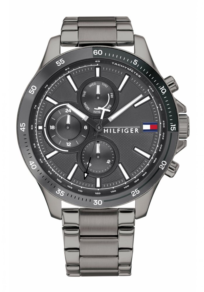 Men's Tommy Hilfiger multifunction watch featuring a 46mm grey dial, grey IP steel bracelet, and three sub-dials for added functionality.