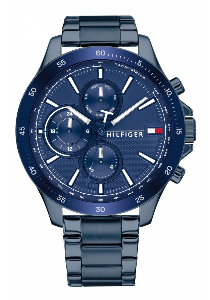Men's Tommy Hilfiger multifunction watch featuring a 46mm blue dial, blue steel bracelet, and three sub-dials with a tachymeter scale.