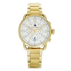 Men's Tommy Hilfiger Briggs watch featuring a 46mm white dial, gold-tone stainless steel bracelet, multifunctional subdials, and signature logo at 12 o'clock.