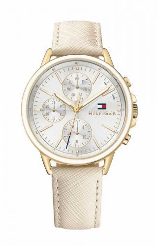 Tommy Hilfiger Carly multifunction watch features a 40mm silver dial, gold-tone case, three sub-dials, and a nude leather strap.