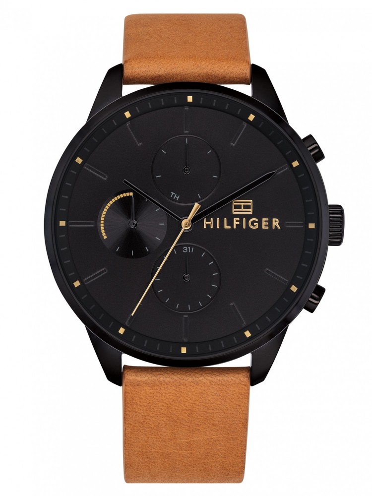 Men's Tommy Hilfiger Chase watch features a 44mm black dial with gold accents, multifunction sub-dials, and a brown leather strap for a stylish look.