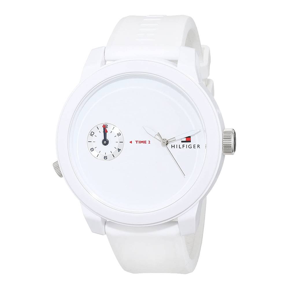 Men's Tommy Hilfiger casual watch featuring a 44mm white dial, red and blue accents, and a white silicone strap for a sleek, modern look.