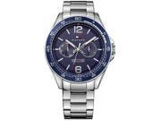 Men's Tommy Hilfiger Erik watch featuring a stainless steel bracelet, blue dial with silver-tone accents, chronograph function, and a bold 12-hour marker.