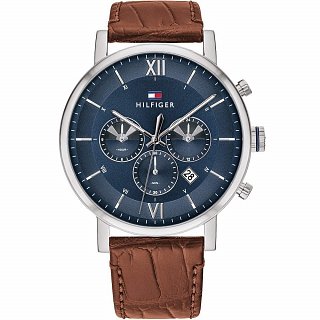 Men's Tommy Hilfiger Evan quartz watch featuring a 44mm blue dial, brown leather strap, silver-tone case, and three subdials with a date display.