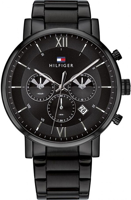 Men's Tommy Hilfiger Evan chronograph watch features a 44mm black dial, stainless steel bracelet, silver hour markers, three sub-dials, and a date display at 6 o'clock.
