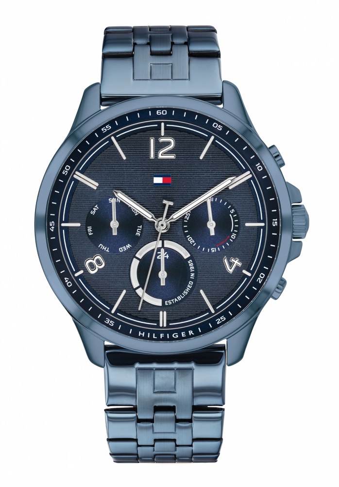 Tommy Hilfiger Harper women's multifunction watch features a 38mm blue dial, blue IP steel bracelet, and silver-tone accents with chronograph functions and date display.