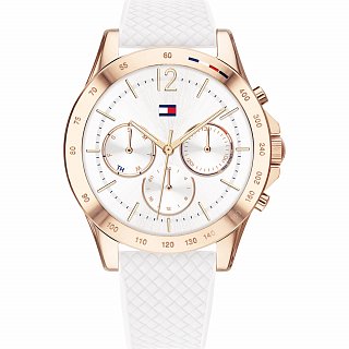 Women's Tommy Hilfiger multi-function watch features a 38mm white dial with gold-tone accents, three sub-dials, and a textured white silicone strap.