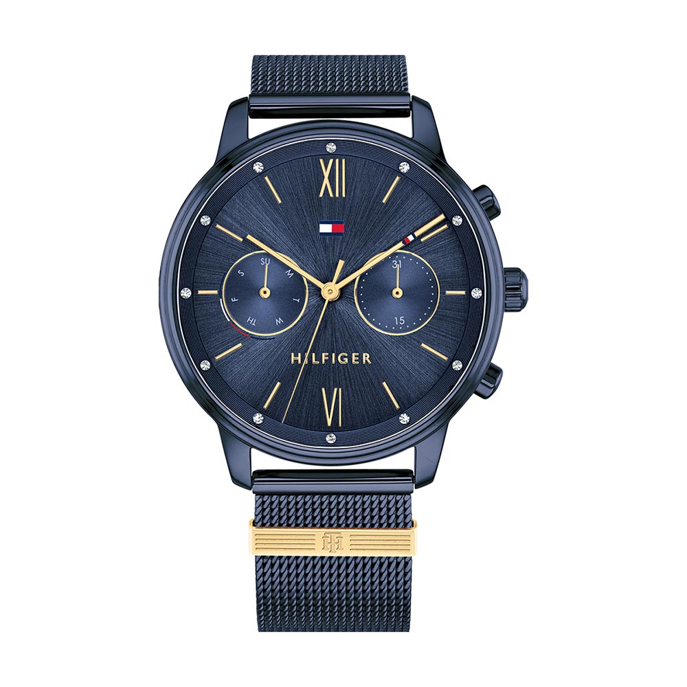Navy dial women's watch by Tommy Hilfiger features a multi-dial design, gold-tone accents, Roman numerals, and a stylish mesh bracelet.