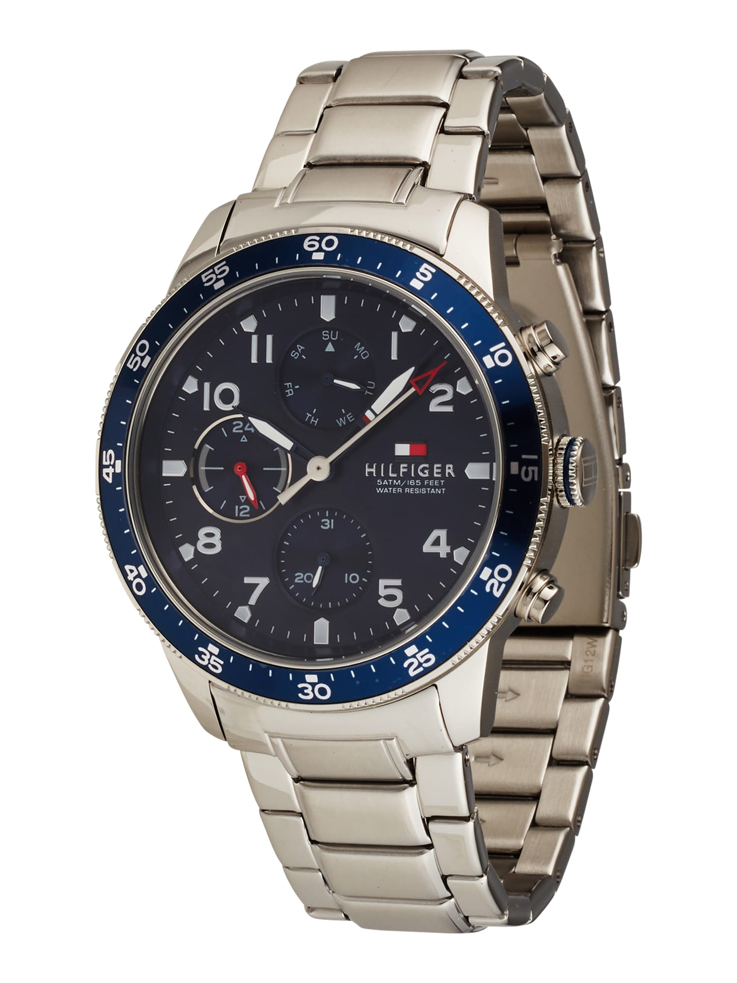 Men's Tommy Hilfiger Jimmy watch features a 44mm navy dial with silver-tone hour markers, three sub-dials, and a stainless steel bracelet with a blue bezel.