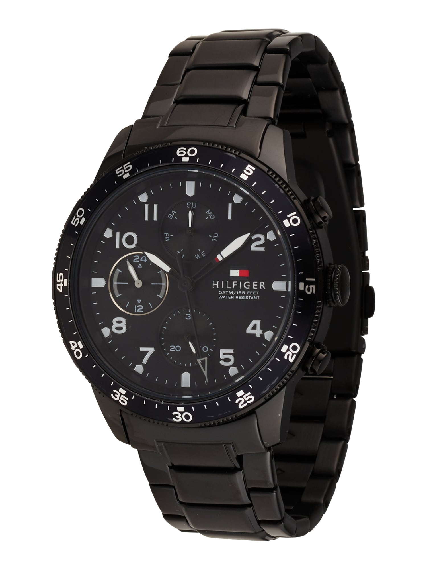 Men's Tommy Hilfiger multifunction watch featuring a 44mm black dial with white hour markers, black bracelet, chronograph subdials, and a sleek, modern design.