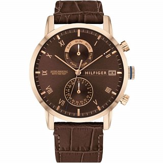 Men's Tommy Hilfiger Kane watch features a 44mm brown dial with gold-tone hour markers, multifunction subdials, and a brown leather strap with a crocodile pattern.