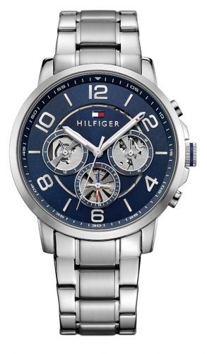 Men's Tommy Hilfiger Keagan watch featuring a 44mm blue dial, silver steel bracelet, and three sub-dials for multifunctional use.