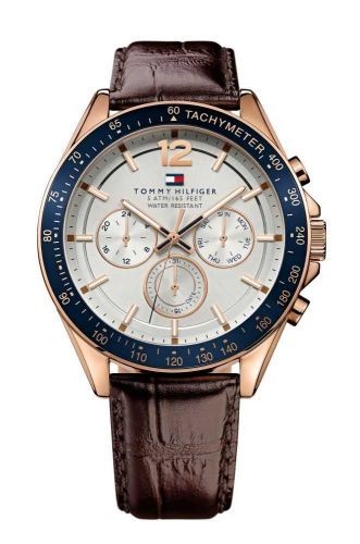 Men's Tommy Hilfiger Luke watch features a 46mm silver and white dial, blue bezel, three subdials, and a brown leather strap.