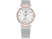 32mm women's watch featuring a silver dial, rose gold case, and a silver mesh bracelet, adorned with sparkling hour markers and a subtle logo.