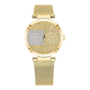 32mm women's watch featuring a silver and gold crystal dial with a gold mesh bracelet, showcasing a modern design and elegant finish by Tommy Hilfiger.