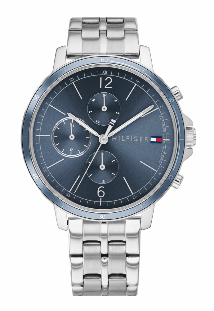 Tommy Hilfiger Madison women's watch featuring a 38mm navy dial, silver-tone steel bracelet, and chronograph sub-dials with a minimalist design.