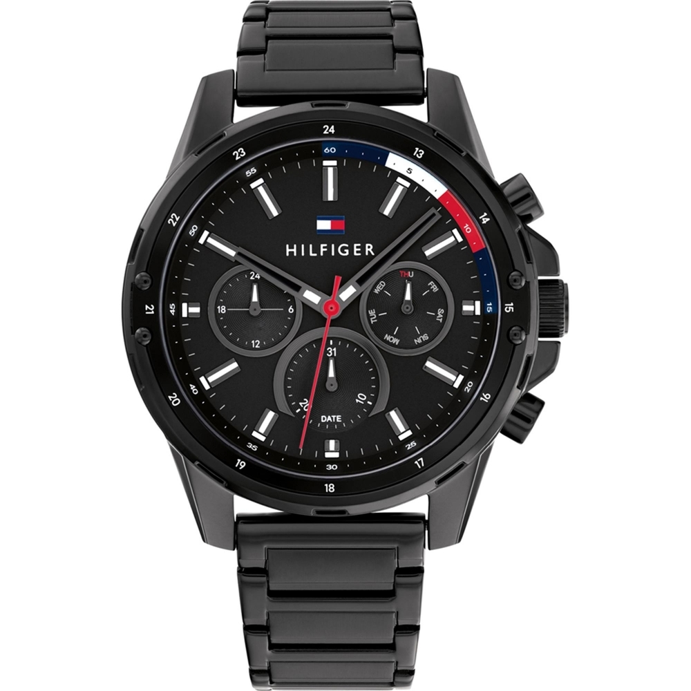 Men's Tommy Hilfiger Mason multifunction watch features a 45mm black dial, stainless steel bracelet, chronograph functions, and bold white hour markers with red and blue accents.
