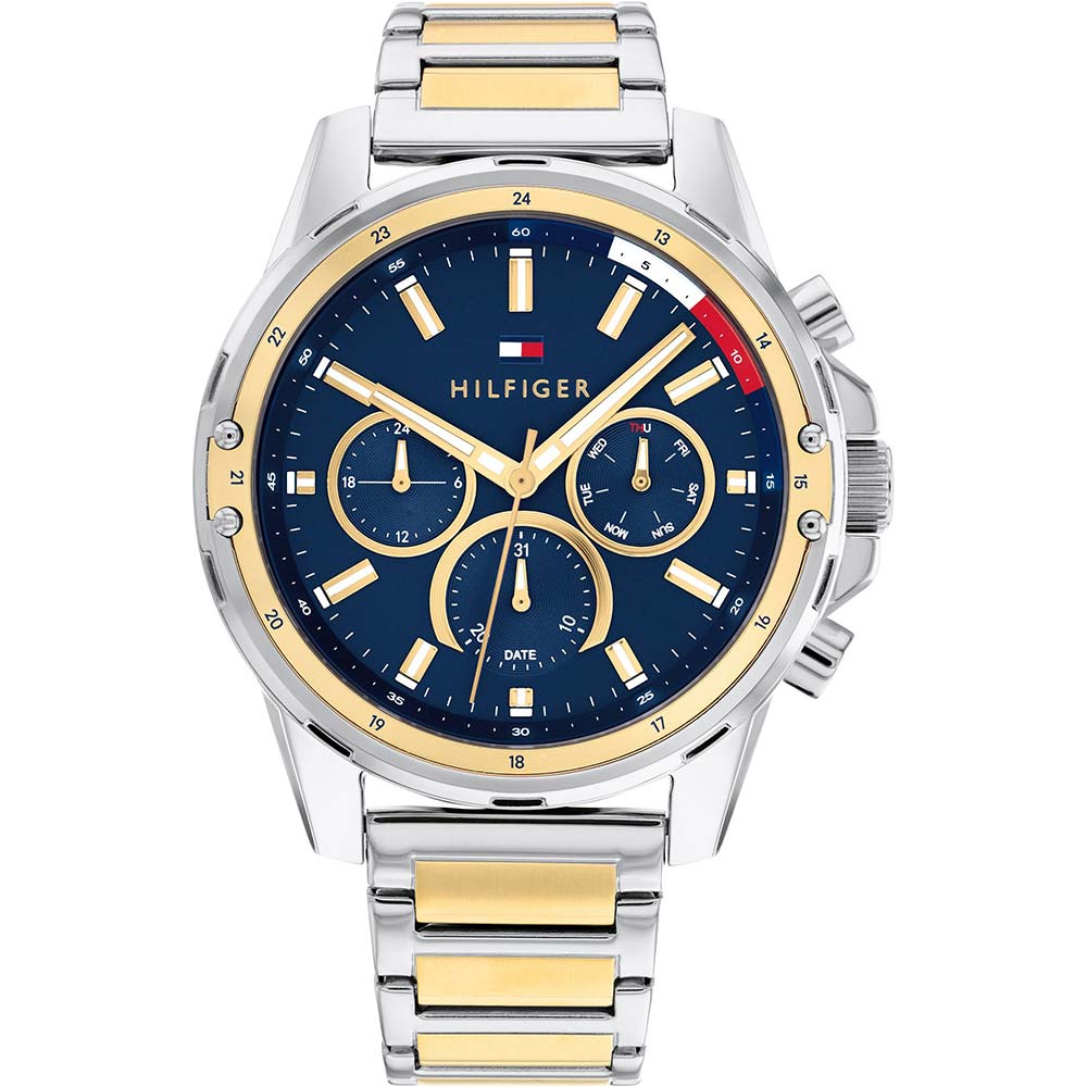 Men's Tommy Hilfiger Mason watch featuring a 45mm blue dial, two-tone silver and gold bracelet, chronograph functions, and date display.