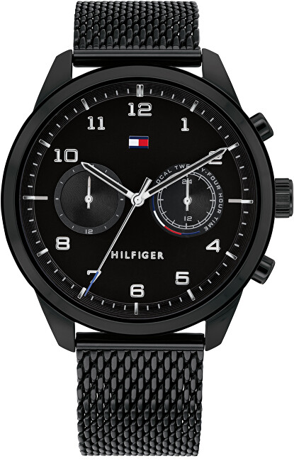 Men's Tommy Hilfiger Patrick watch features a 44mm black dial with silver-tone hands, two sub-dials, and a black mesh bracelet for a sleek, modern look.