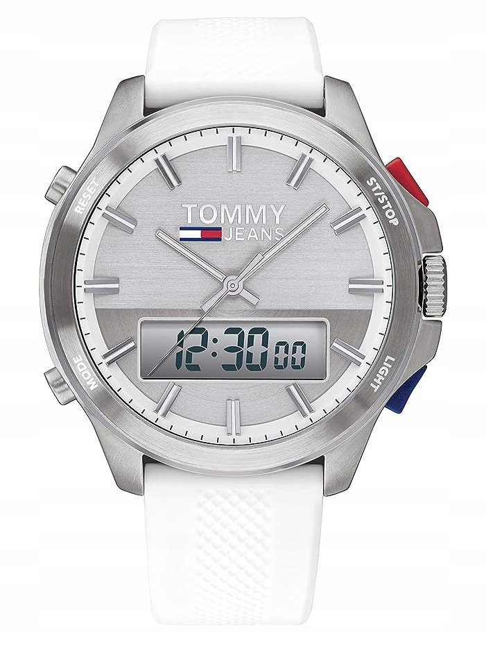 Men's Tommy Hilfiger hybrid watch featuring a 46mm silver dial, white silicone strap, digital display, and red and blue accents on the crown.