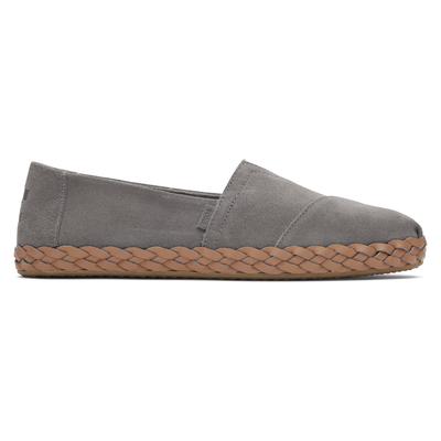 Grey leather TOMS Alpargata slip-on shoes for women, featuring a woven jute sole and a classic design, available in UK size 4.