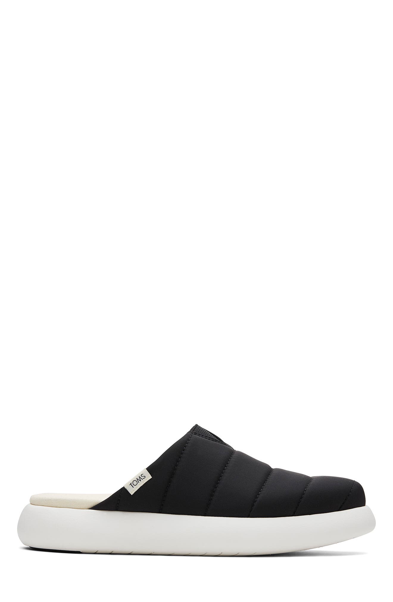 Black nylon Toms Alpargata Mallow Mule for women, featuring a quilted design, slip-on style, and a white rubber sole, available in UK size 4.