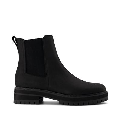 Black leather ankle boots featuring a sleek design, elastic side panels, a pull tab, and a chunky sole for added traction and style.