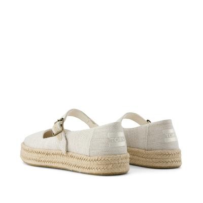 Light beige espadrille Mary Jane shoes with a woven natural yarn dye, featuring a strap and a braided jute sole, showcasing a casual and stylish design.