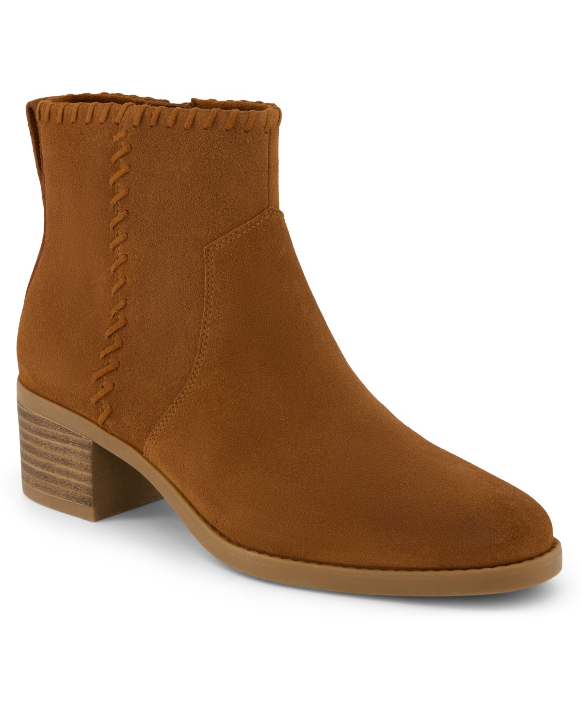 Tan suede ankle boots with a stitched detail along the collar and a stacked heel, featuring a smooth finish and a rubber sole for comfort.
