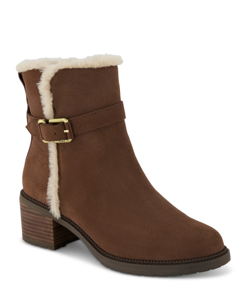 Brown suede ankle boots featuring a buckle detail, faux fur lining, and a stacked heel for added style and comfort.