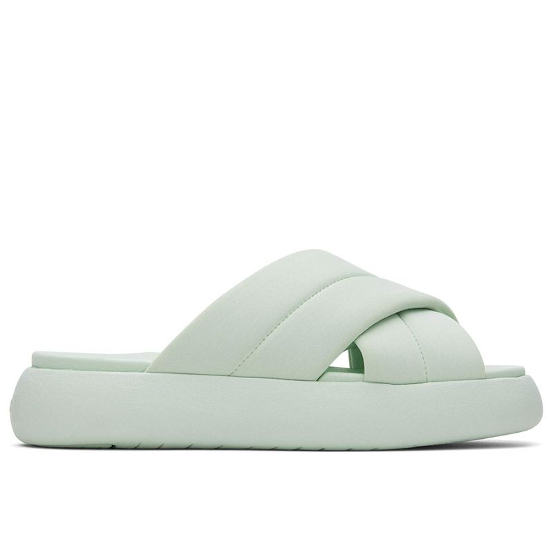 Green mixed material Toms Mallow Crossover Slides for women, featuring a crisscross strap design and a cushioned sole, available in size UK 4.