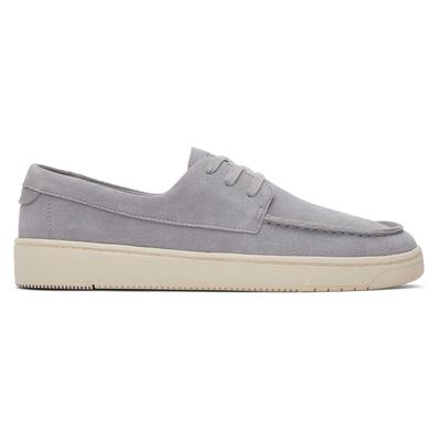 London grey suede loafer by TOMS featuring a low profile, subtle stitching details, and a contrasting cream rubber sole.