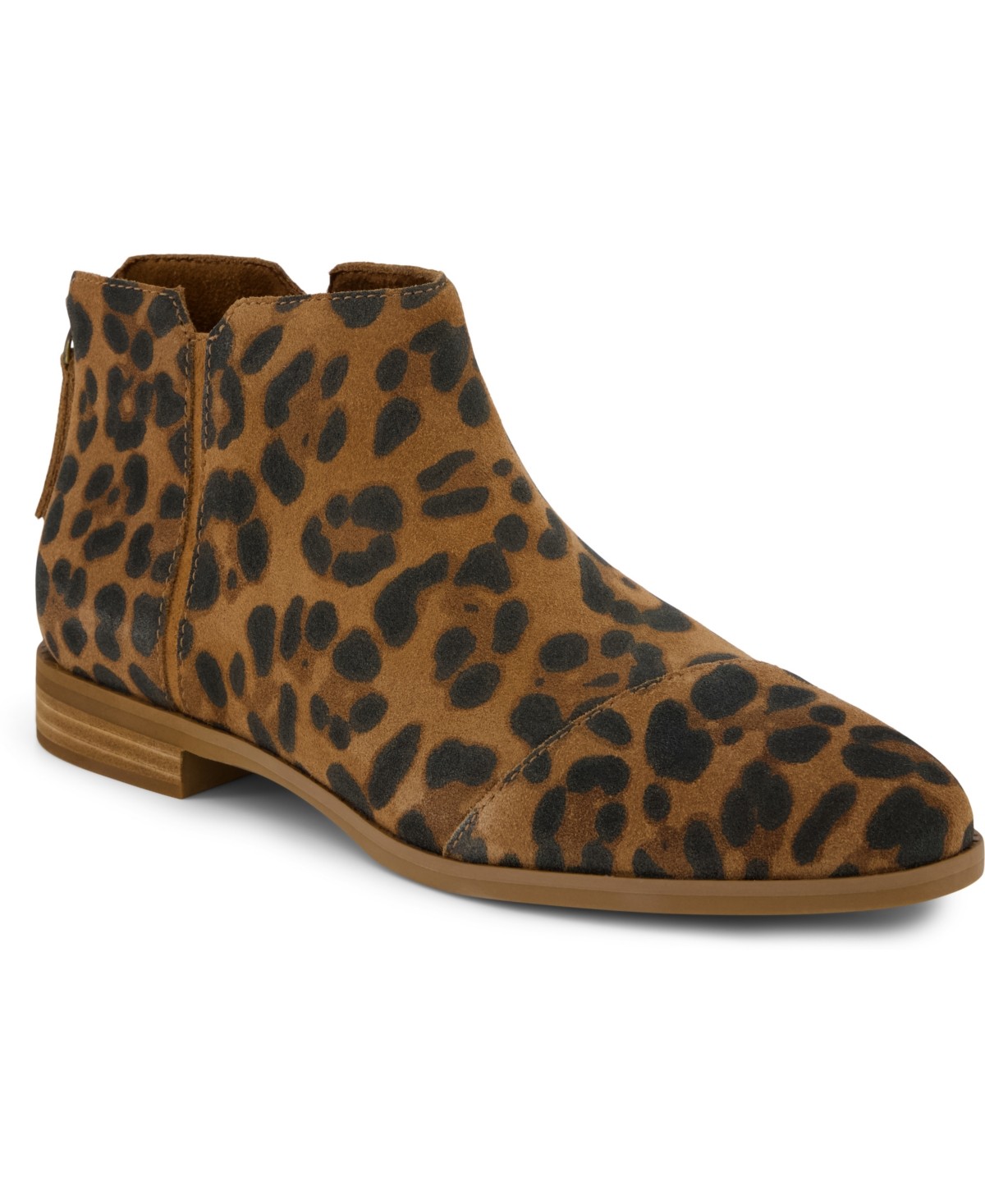 Brown suede ankle boots featuring a leopard print design, a rounded toe, and a low stacked heel with a side zip closure for easy wear.