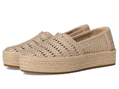 Champagne metallic basket weave espadrilles with a slip-on design, featuring a woven upper and a jute-wrapped platform sole for added height and comfort.