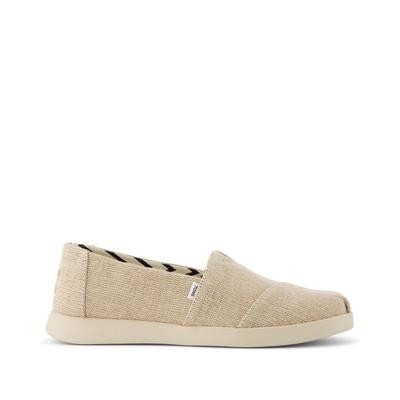 Beige Toms Alpargata Plus shoe featuring a textured fabric upper, elastic gore for easy slip-on, and a contrasting striped interior lining.