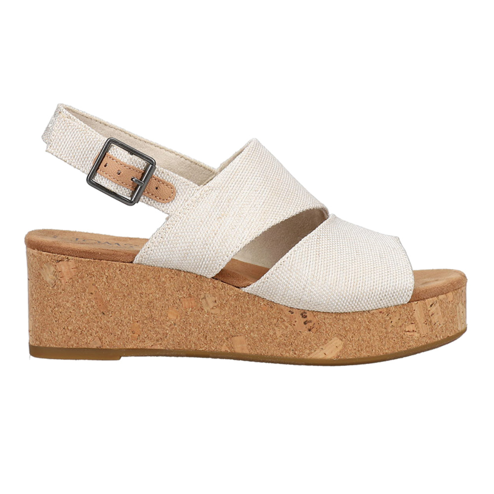 Natural-colored TOMS Women's Claudine Wedge featuring a slingback design, cross-strap canvas upper, and a cork platform sole for added height and comfort.
