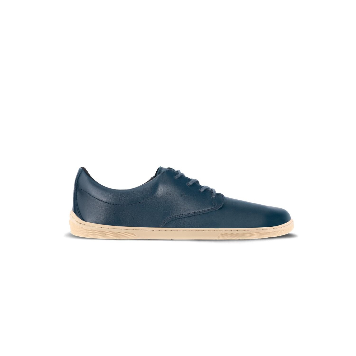 Navy blue leather trainers with a minimalist design, featuring a low profile, round toe, and a light beige rubber sole for a stylish and comfortable look.