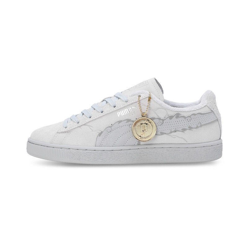 White suede Puma trainers featuring light blue laces, a subtle wave design, and a gold pendant on the side, combining style with a nod to One Piece.