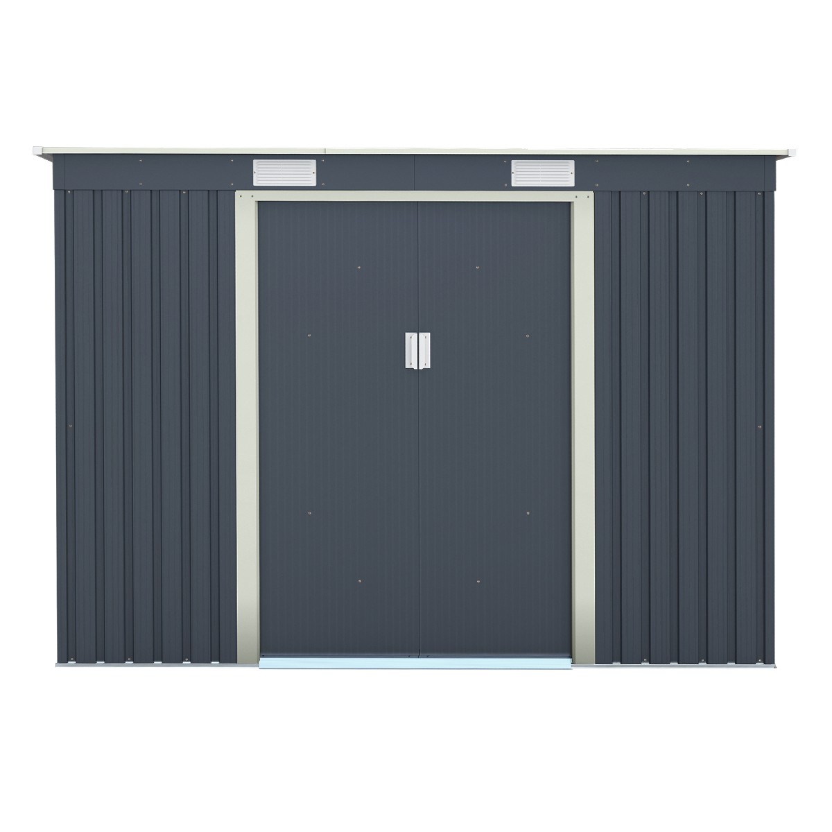 Dark grey metal pent shed with vertical ribbed panels, featuring a double door with sleek silver handles and ventilation panels at the top.